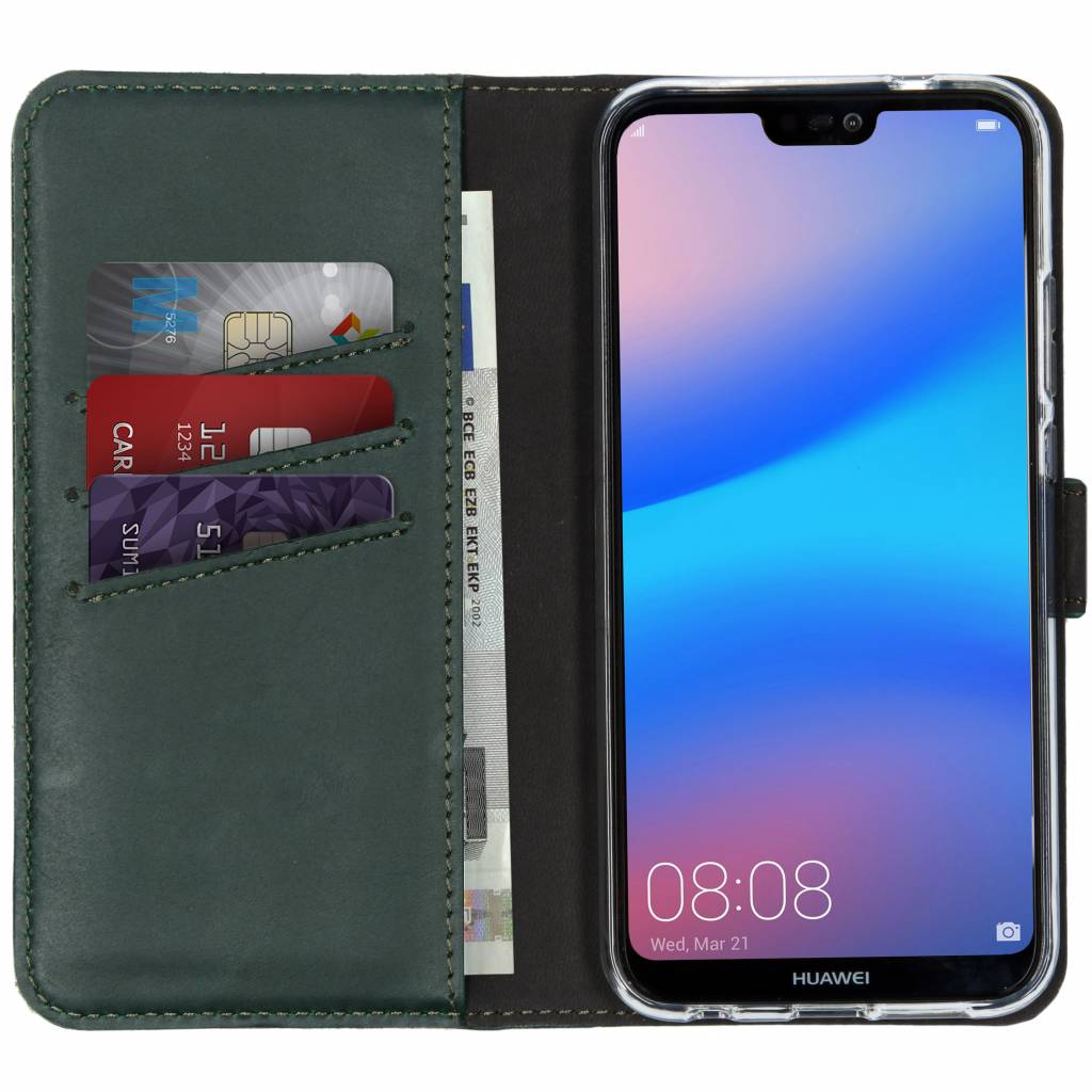 Selencia Echt Lederen Bookcase Huawei P20 Lite – Groen