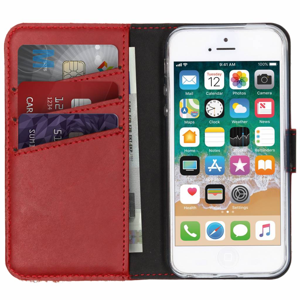 Selencia Echt Lederen Bookcase Apple iPhone SE / 5 / 5s – Rood