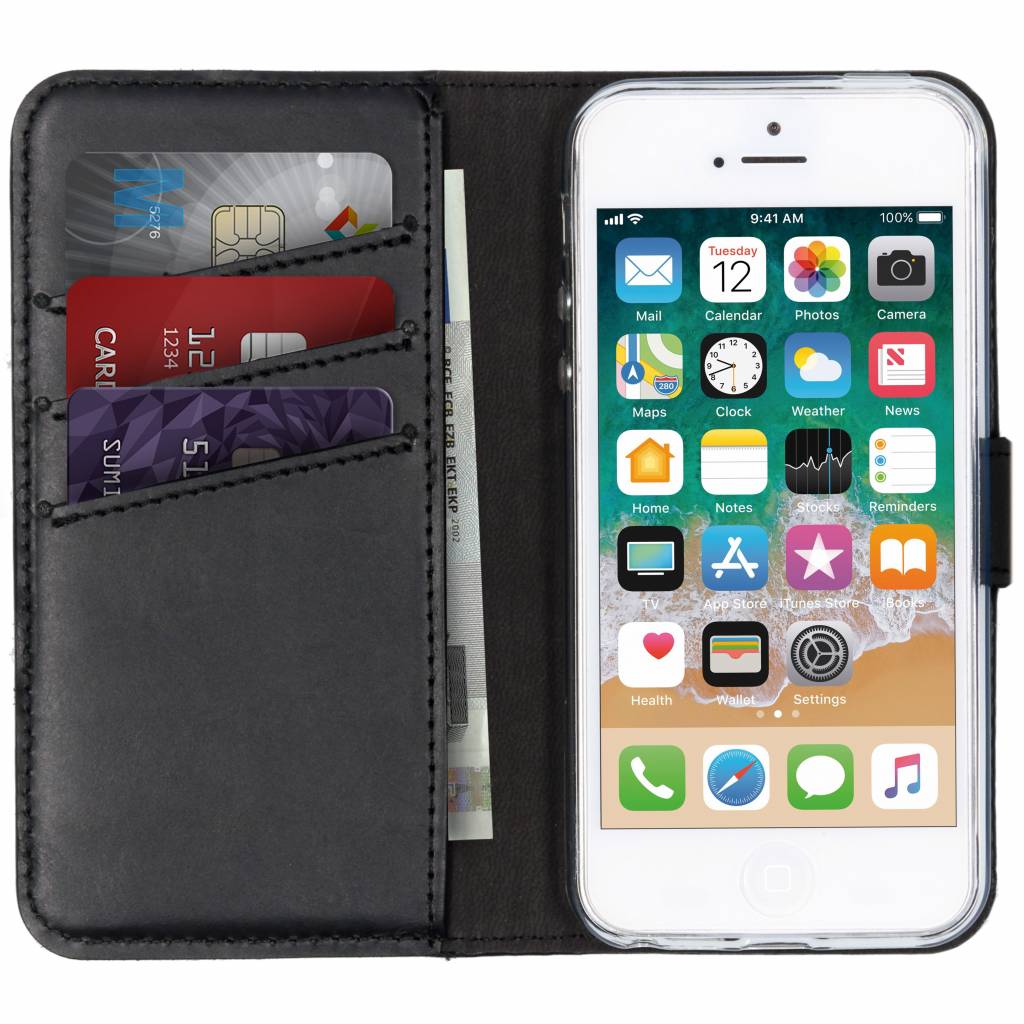Selencia Echt Lederen Bookcase Apple iPhone SE / 5 / 5s – Zwart