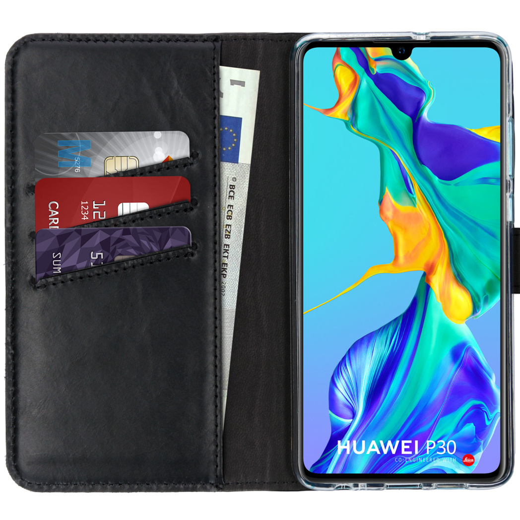 Selencia Echt Lederen Bookcase Huawei P30 – Zwart