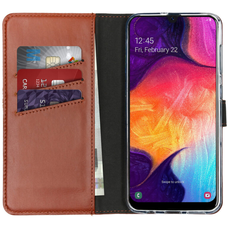 Selencia Echt Lederen Bookcase Samsung Galaxy A50 / A30s - Lichtbruin - Afbeelding 3