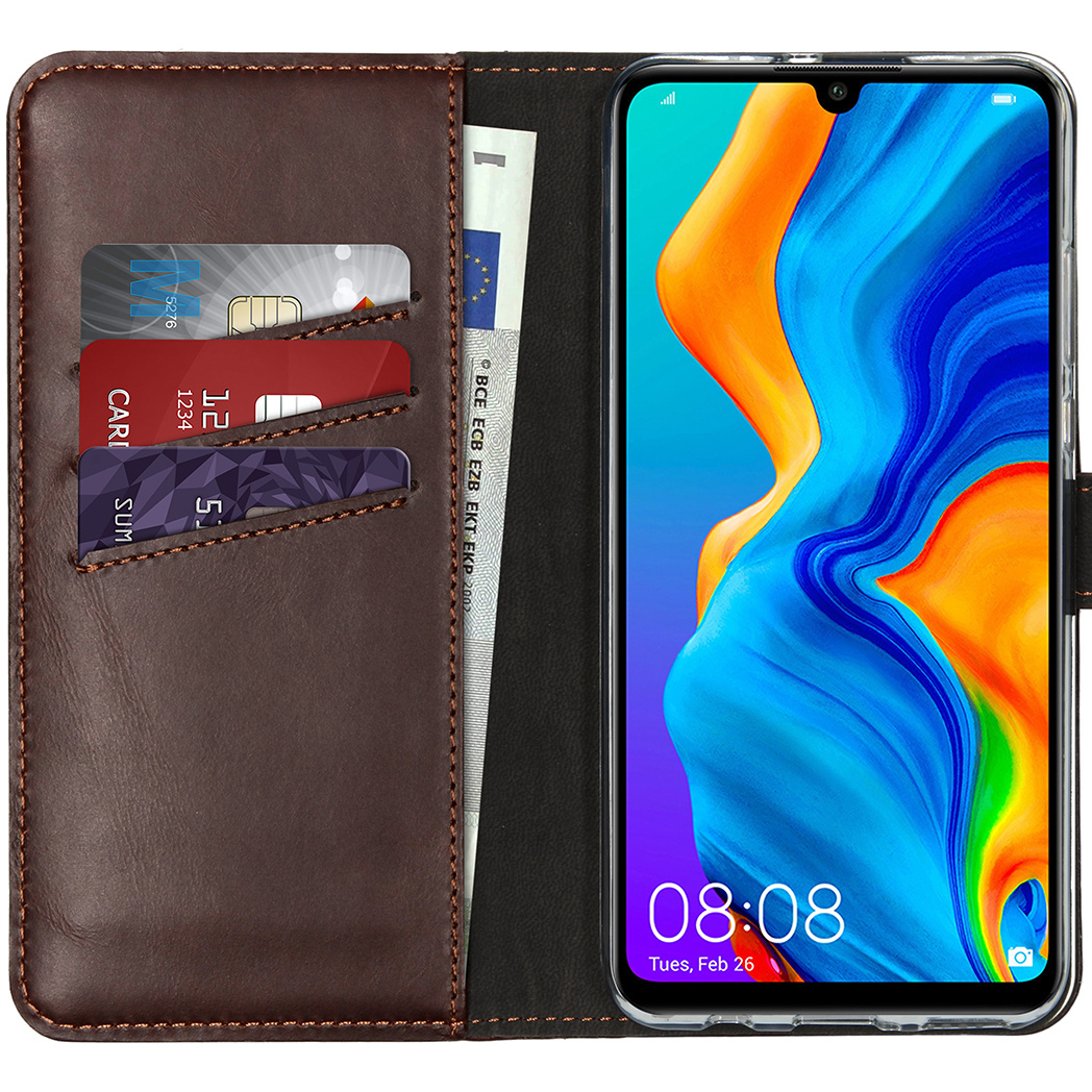 Selencia Echt Lederen Bookcase Huawei P30 Lite – Bruin