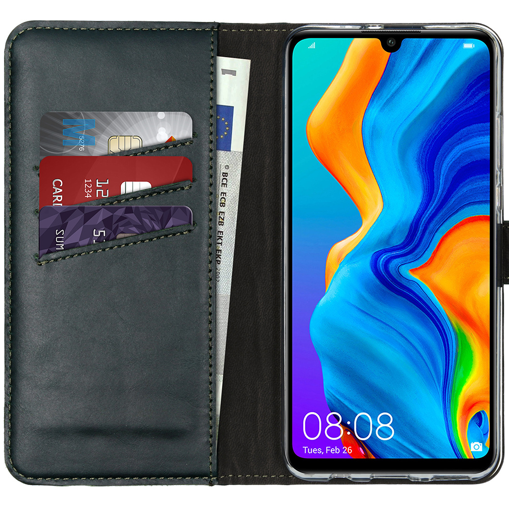 Selencia Echt Lederen Bookcase Huawei P30 Lite – Groen