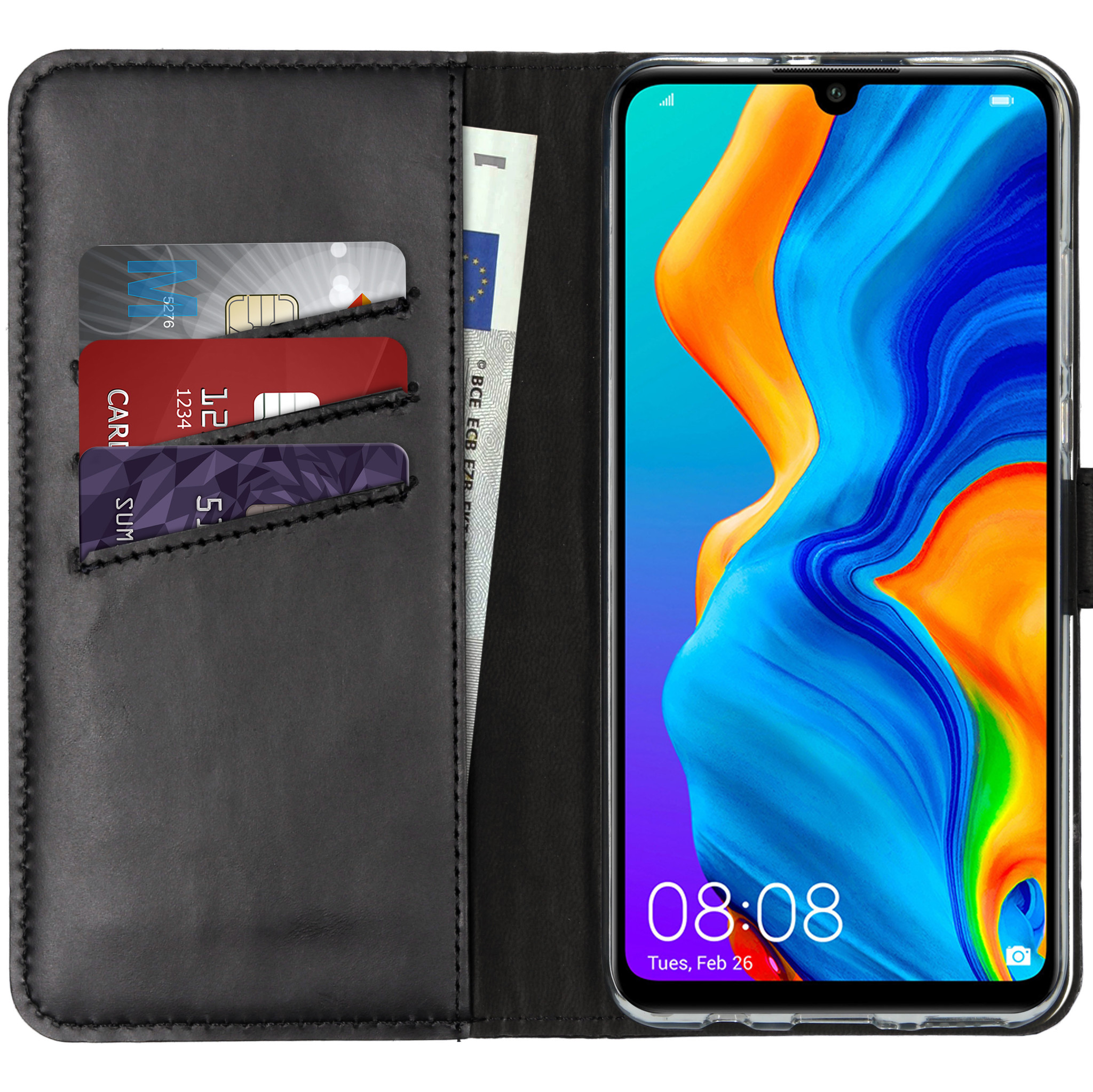 Selencia Echt Lederen Bookcase Huawei P30 Lite – Zwart