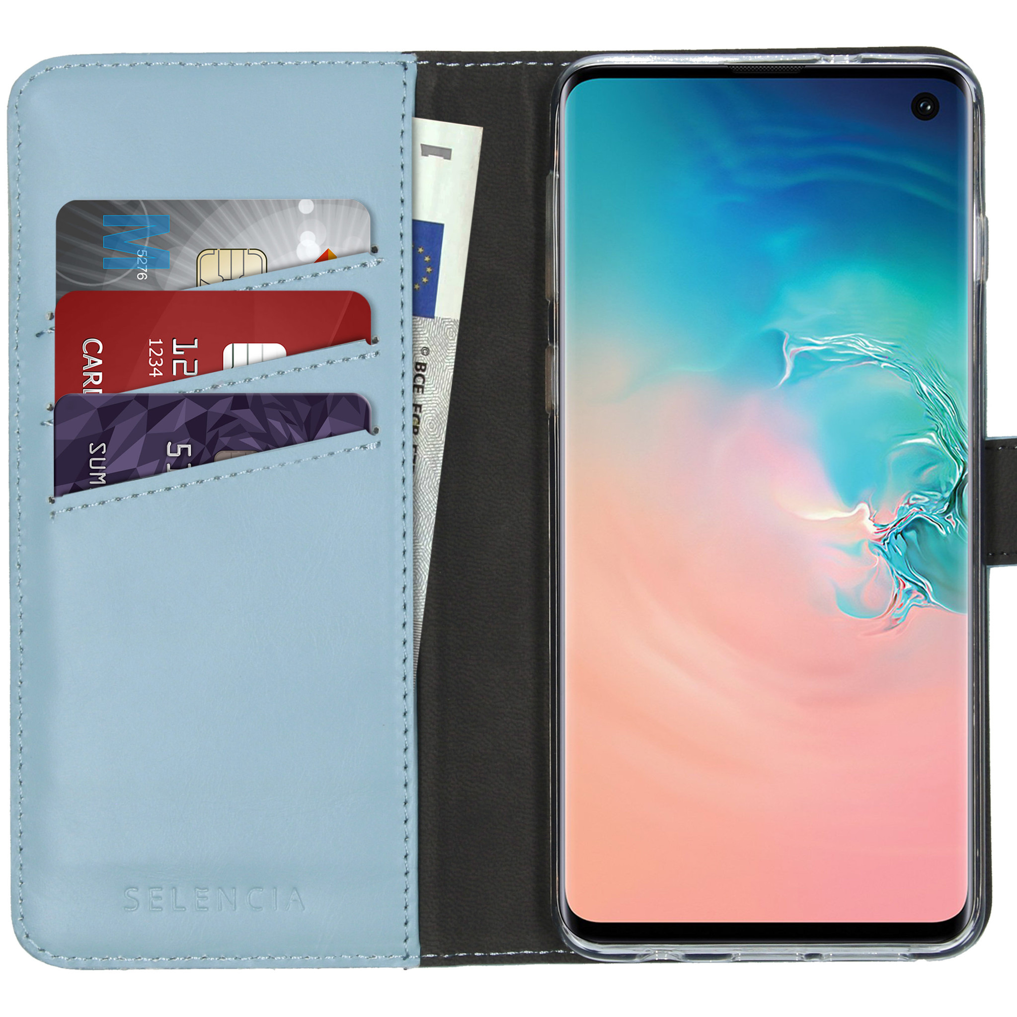Selencia Echt Lederen Bookcase Samsung Galaxy S10 – Lichtblauw