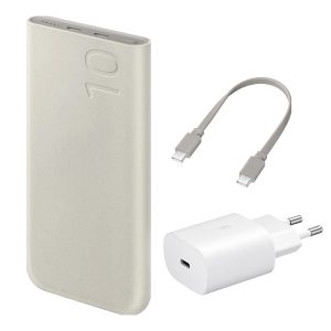 Originele Powerbank Bundel | Samsung Galaxy Batterij Pack 10.000 mAh - 2x USB-C - Beige + Samsung 25 Watt USB-C Adapter - Wit