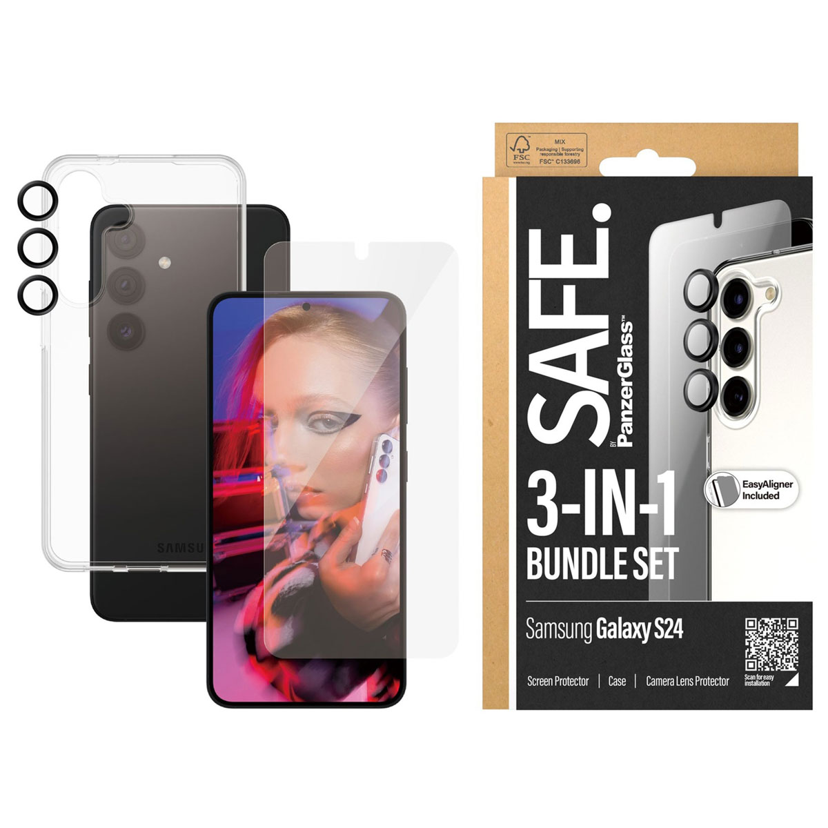SAFE by PanzerGlass Safe 3-in-1 pack – Hoesje + screenprotector + camera protector Samsung Galaxy S24 – Transparant