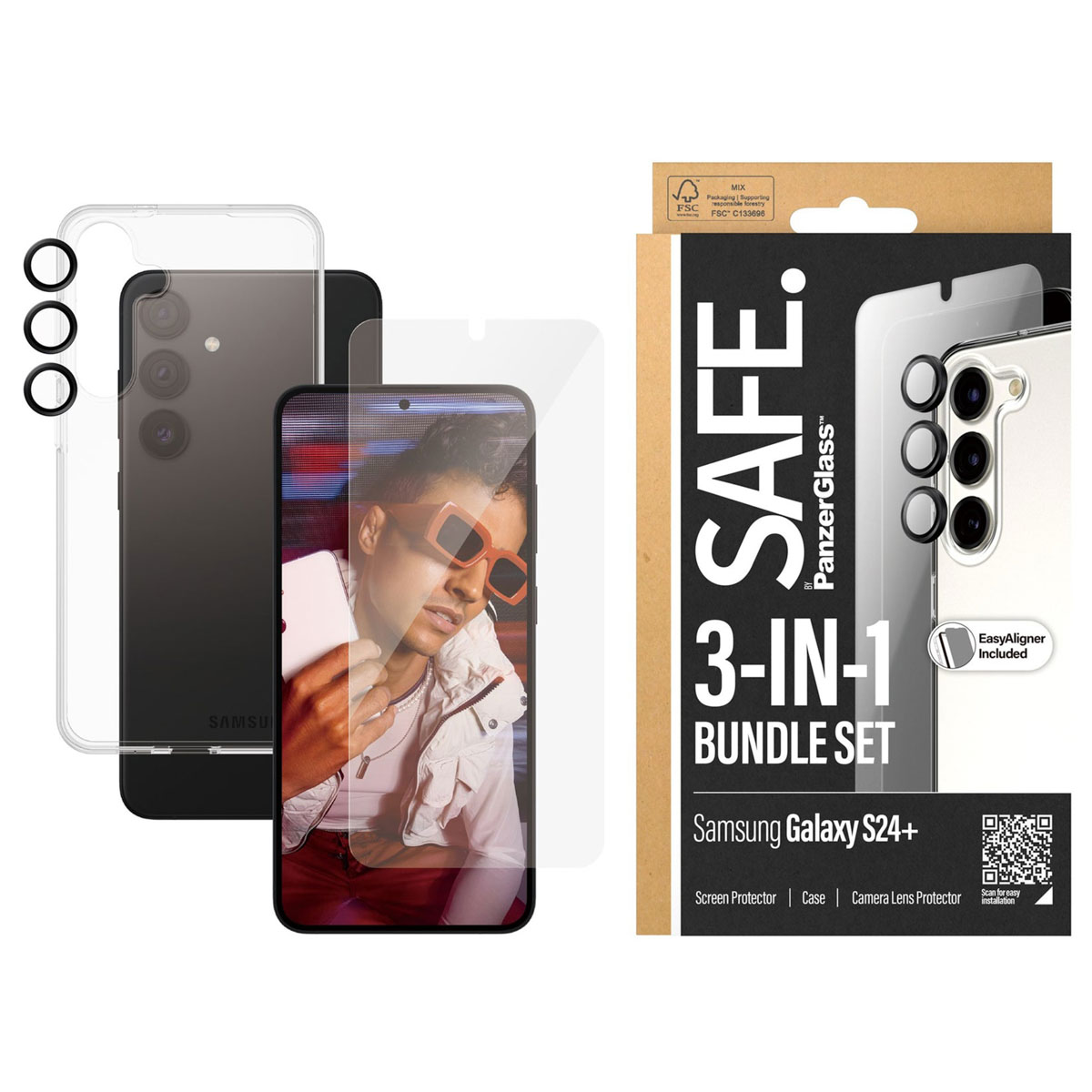SAFE by PanzerGlass Safe 3-in-1 pack – Hoesje + screenprotector + camera protector Samsung Galaxy S24 Plus – Transparant