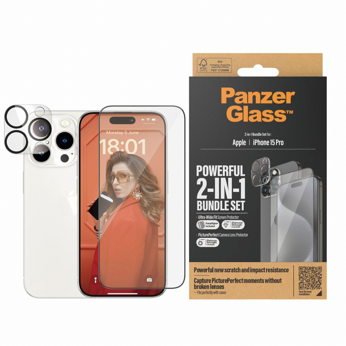 PanzerGlass 2 in 1 pack – Ultra-Wide Fit Anti-Bacterial Screenprotector incl. applicator + Camera Protector Apple iPhone 15 Pro