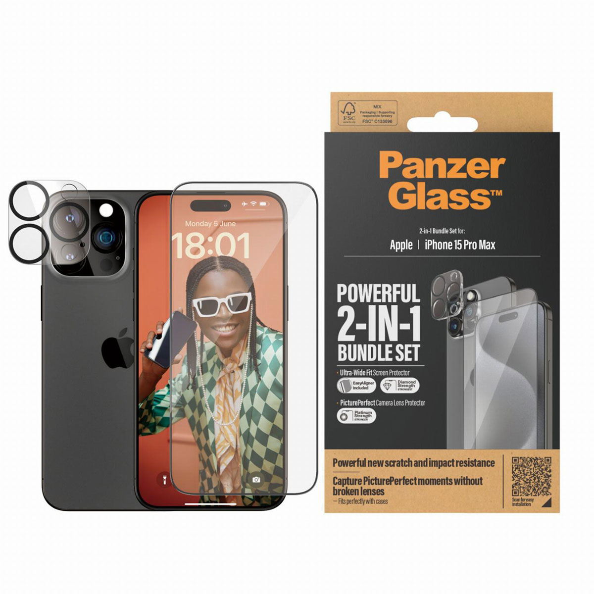 PanzerGlass 2 in 1 pack – Ultra-Wide Fit Anti-Bacterial Screenprotector incl. applicator + Camera Protector Apple iPhone 15 Pro Max