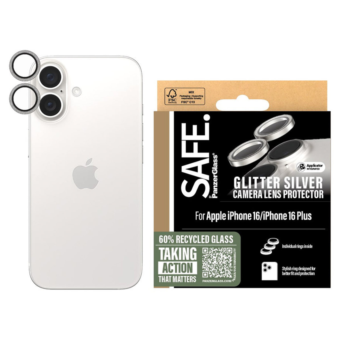 SAFE by PanzerGlass Camera Lens Protector Apple iPhone 16 / 16 Plus - Glitter Silver - Afbeelding 4
