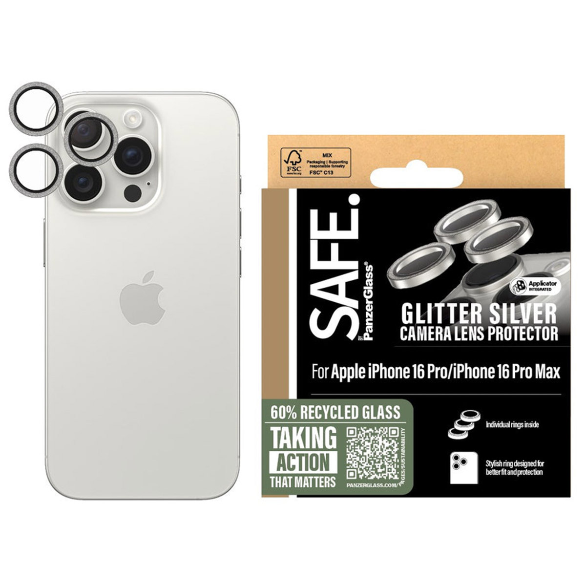 SAFE by PanzerGlass Camera Lens Protector Apple iPhone 16 Pro / 16 Pro Max - Glitter Silver - Afbeelding 4