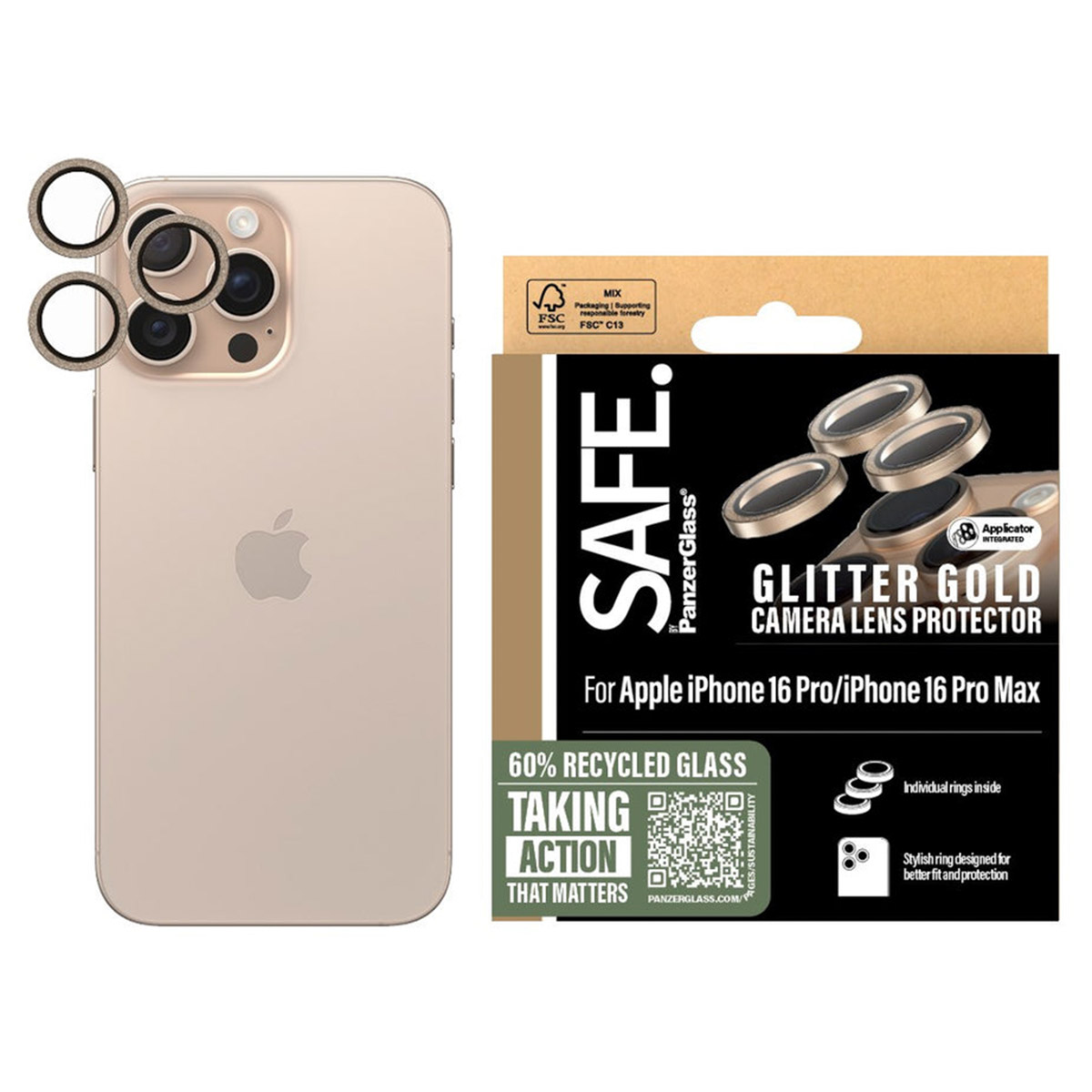 SAFE by PanzerGlass Camera Lens Protector Apple iPhone 16 Pro / 16 Pro Max - Glitter Gold - Afbeelding 4