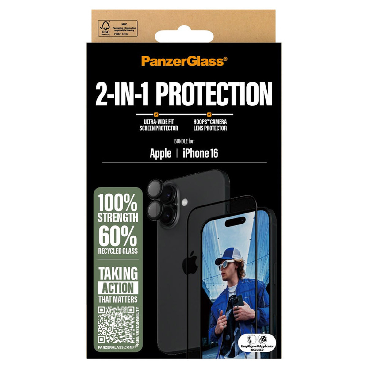 PanzerGlass 2 in 1 pack – Ultra-Wide Fit Anti-Bacterial Screenprotector incl. applicator + Camera Protector Apple iPhone 16