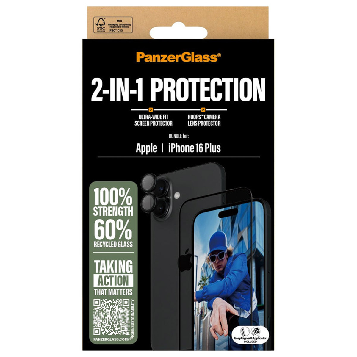PanzerGlass 2 in 1 pack – Ultra-Wide Fit Anti-Bacterial Screenprotector incl. applicator + Camera Protector Apple iPhone 16 Plus