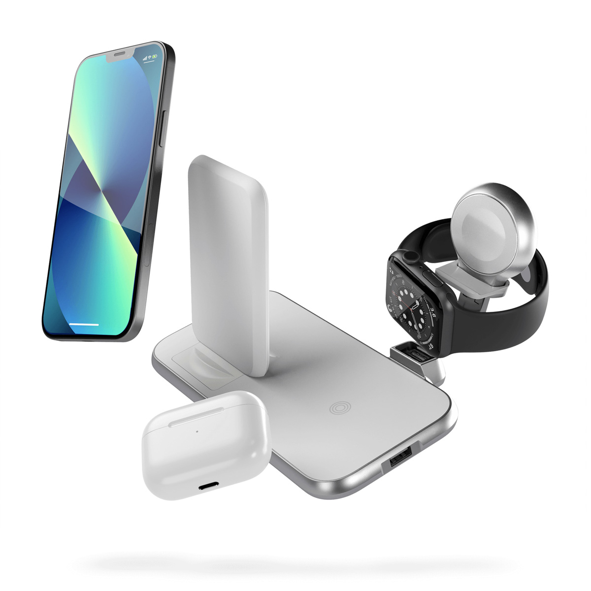 Zens Draadloos oplaadstation 4-in-1 – Aluminium Serie – Draadloze stand + Apple Watch – Wit