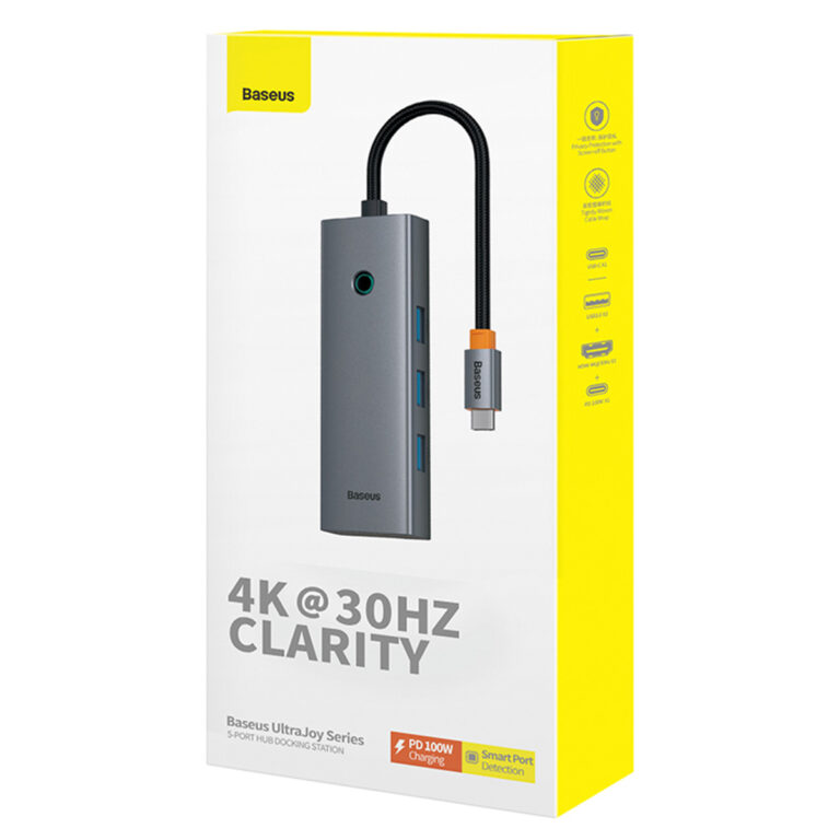 Baseus UltraJoy 5-in-1 USB-C Hub - 4K 30Hz - 100 Watt opladen - Docking station - Space Grey - Afbeelding 3
