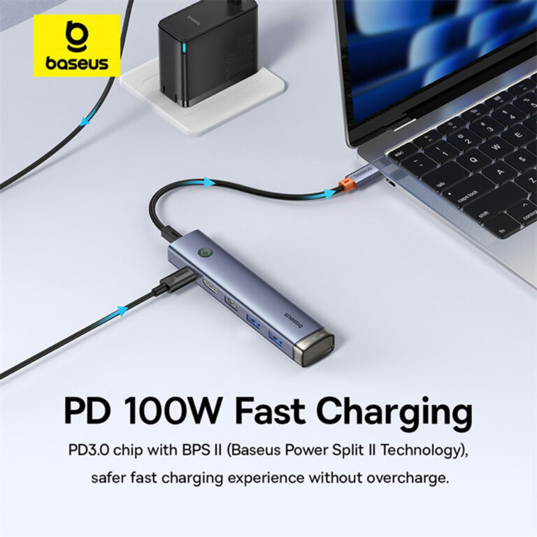 Baseus UltraJoy Air 6-in-1 USB-C Hub - 4K 60Hz - 100 Watt opladen - Docking station - Space Grey - Afbeelding 6