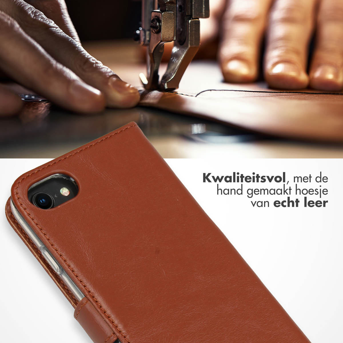 Selencia Echt Leren Bookcase Apple iPhone SE (2022 / 2020) / 8 / 7 / 6(s) - Lichtbruin - Afbeelding 3