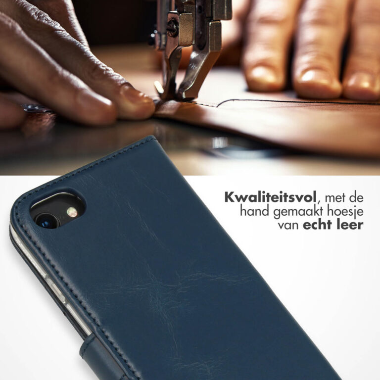 Selencia Echt Lederen Bookcase Apple iPhone SE (2022 / 2020) / 8 / 7 / 6(s) - Blauw - Afbeelding 4