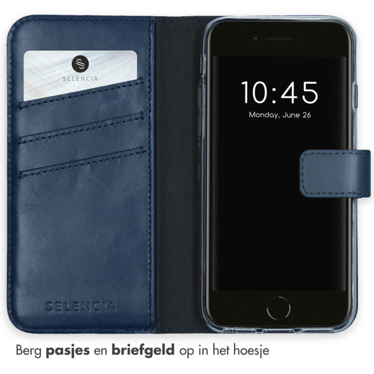 Selencia Echt Lederen Bookcase Apple iPhone SE (2022 / 2020) / 8 / 7 / 6(s) - Blauw - Afbeelding 3