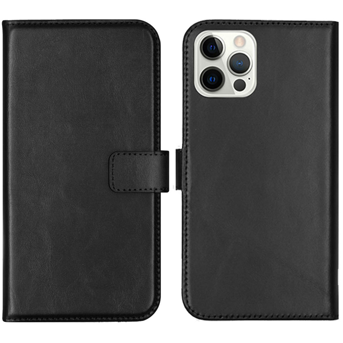 Selencia Echt Lederen Bookcase Apple iPhone 12 (Pro) – Zwart