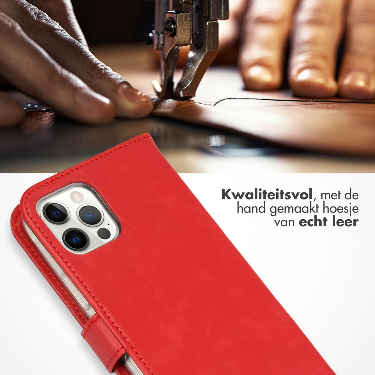 Selencia Echt Leren Bookcase Apple iPhone 12 (Pro) - Rood - Afbeelding 2