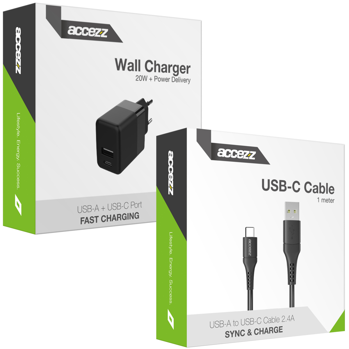 Accezz Wall Charger met USB-C naar USB kabel - Oplader - 20 Watt - 1 meter - Zwart - Afbeelding 2