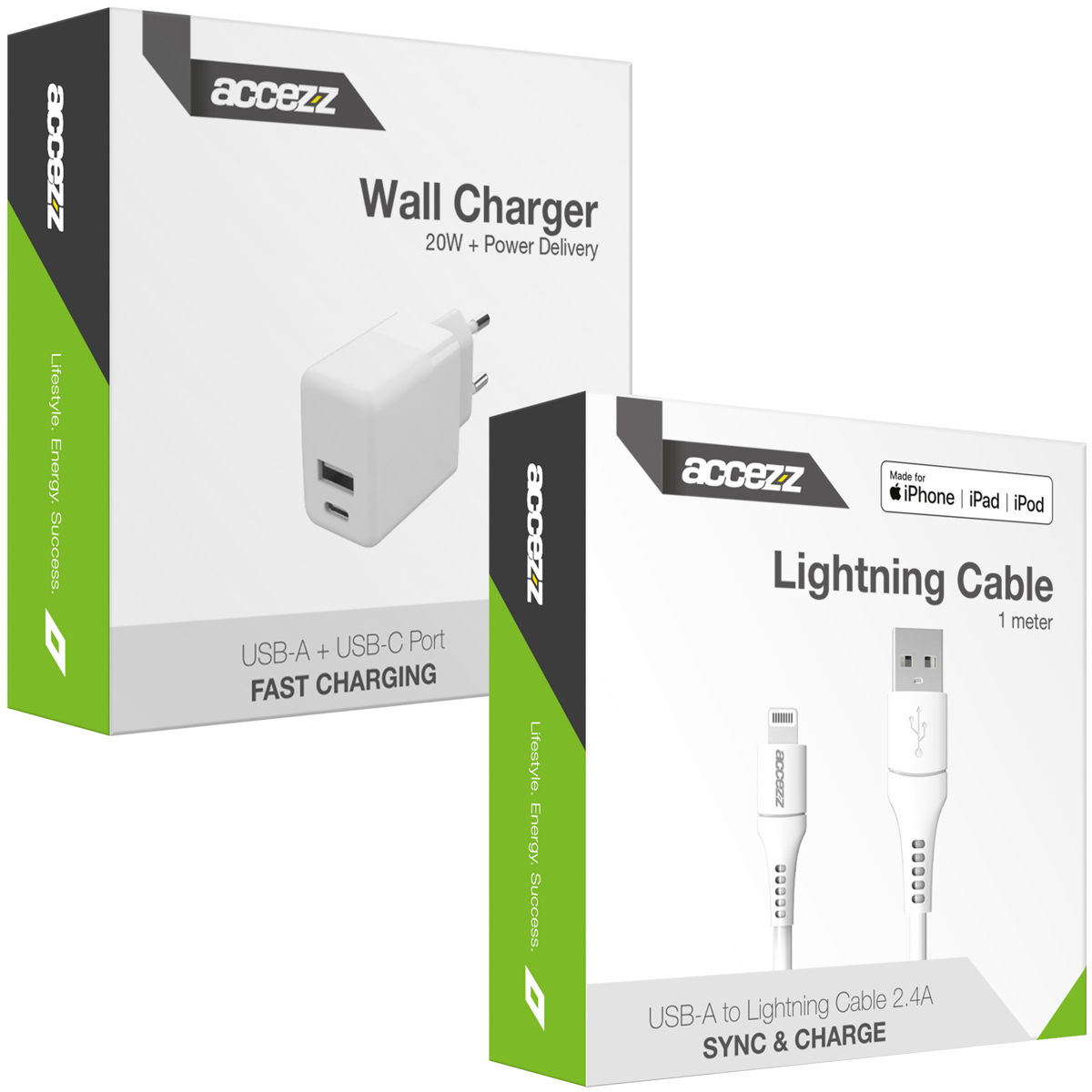 Accezz Wall Charger met Lightning naar USB-A kabel - Oplader - MFi certificering - 20 Watt - 1 meter - Wit - Afbeelding 2