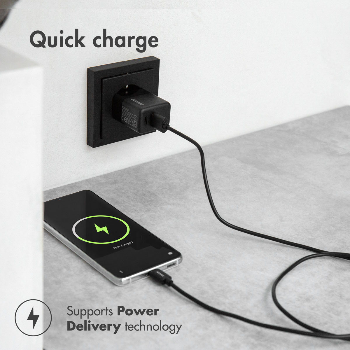 Accezz Wall Charger met USB-C naar USB-C kabel - Oplader - 20 Watt - 1 meter - Zwart - Afbeelding 4
