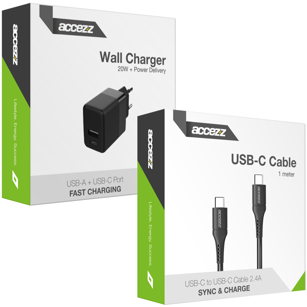 Accezz Wall Charger met USB-C naar USB-C kabel - Oplader - 20 Watt - 1 meter - Zwart - Afbeelding 2