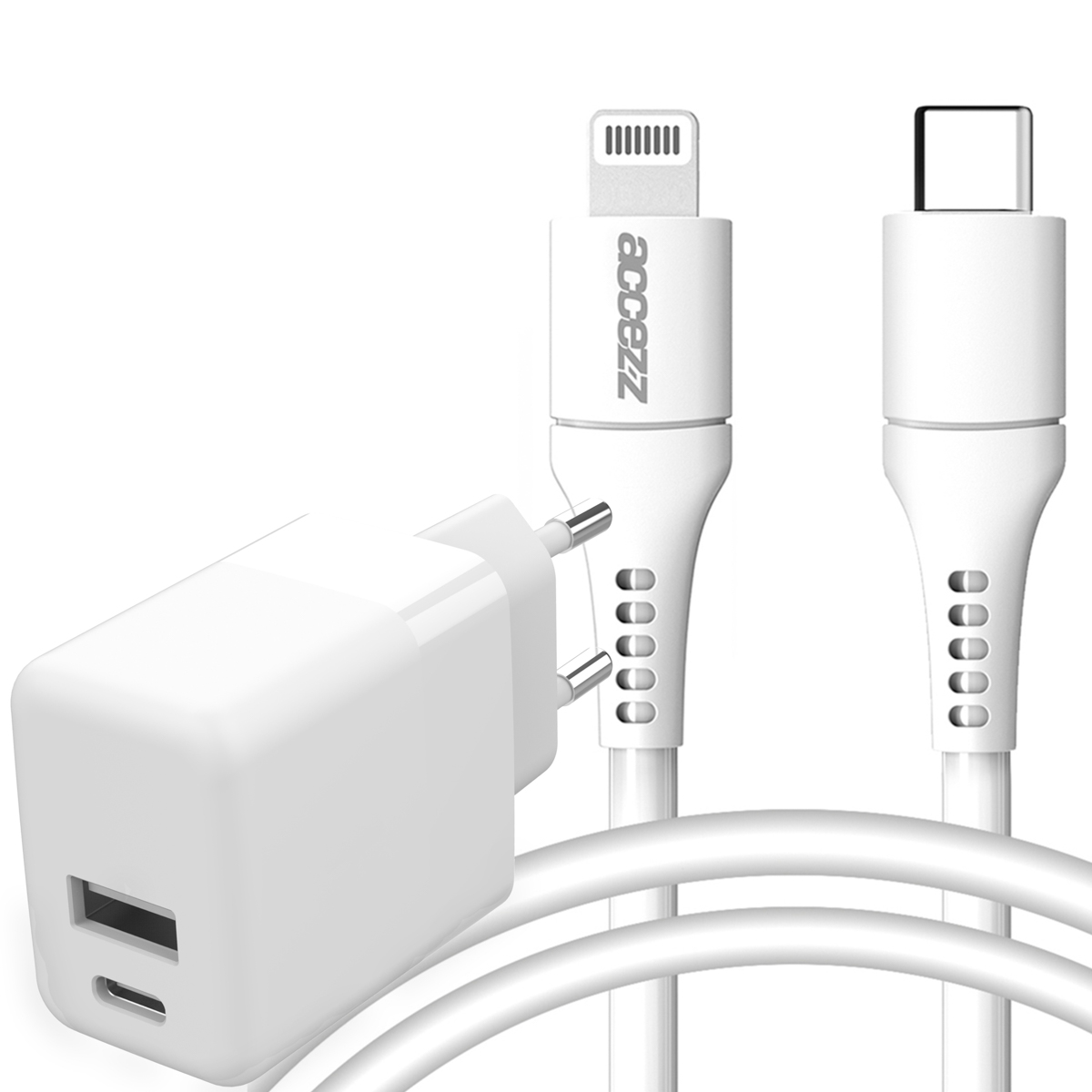 Accezz Wall Charger met Lightning naar USB-C kabel – Oplader – MFi certificering – 20 Watt – 1 meter – Wit