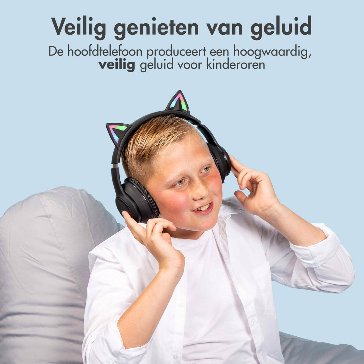 imoshion Draadloze Kinderkoptelefoon LED Light Cat Ear - Decibelbegrenzer - Met AUX kabel - Zwart - Afbeelding 5