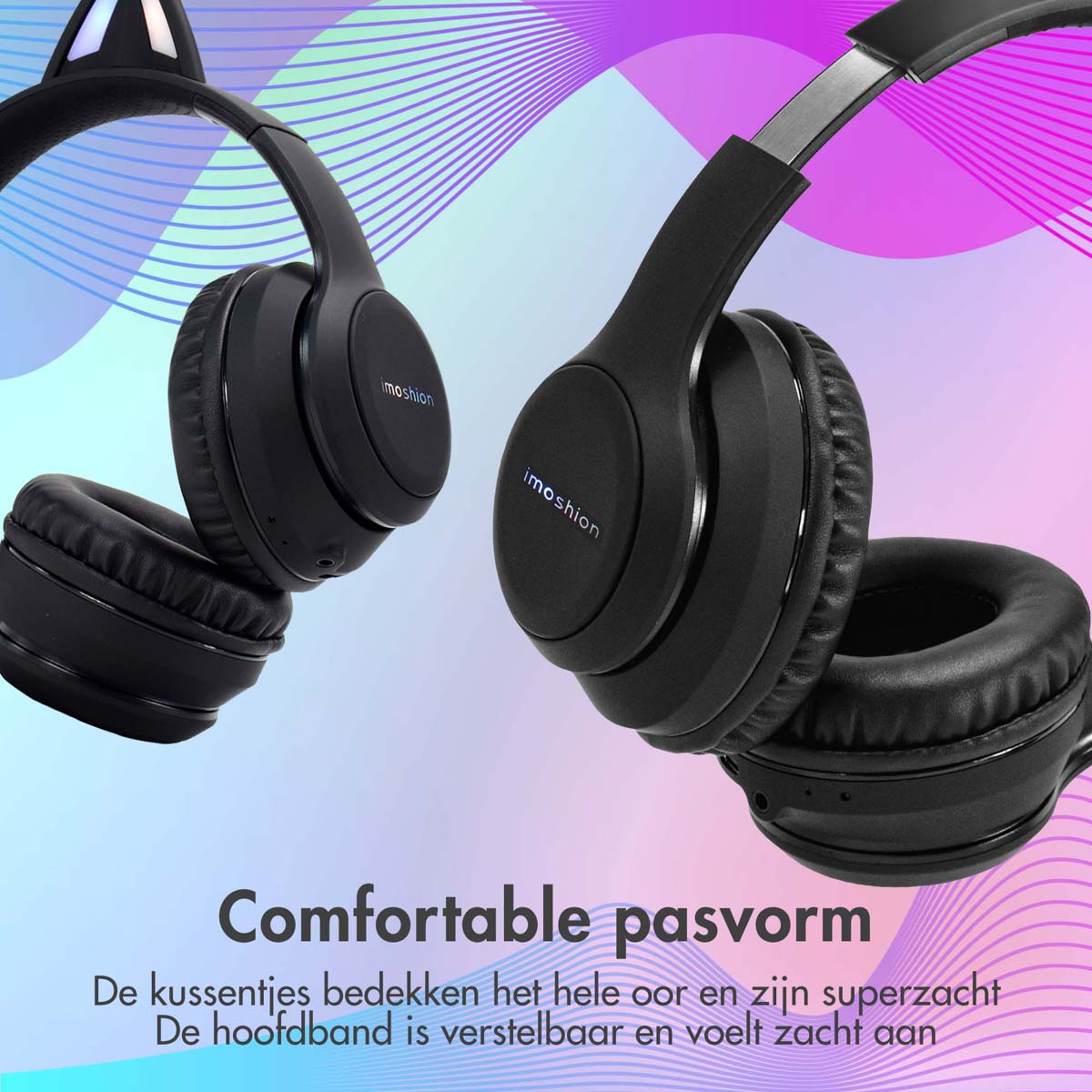 imoshion Draadloze Kinderkoptelefoon LED Light Cat Ear - Decibelbegrenzer - Met AUX kabel - Zwart - Afbeelding 2