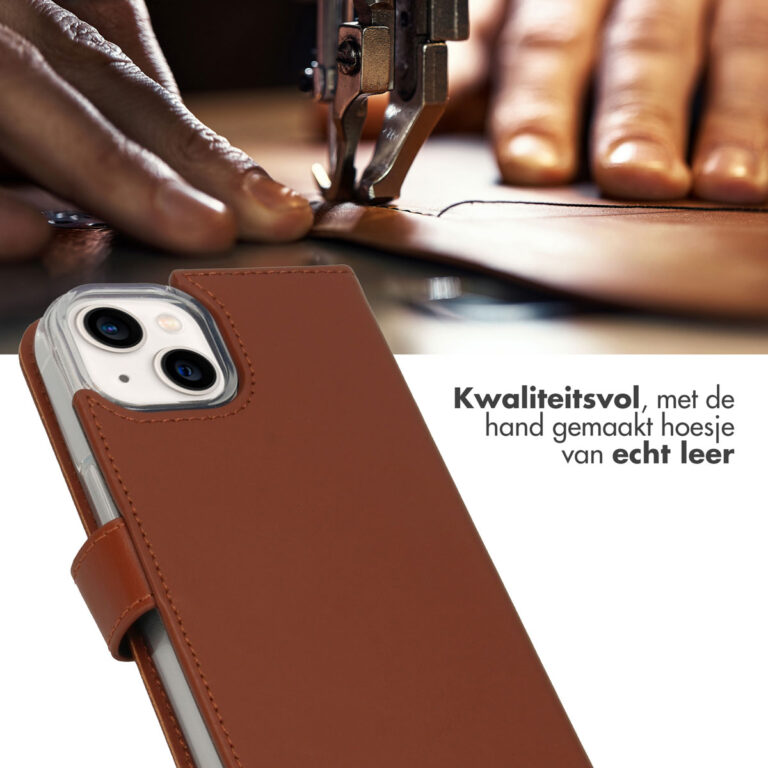 Selencia Echt Lederen Bookcase Apple iPhone 14 - Lichtbruin - Afbeelding 4