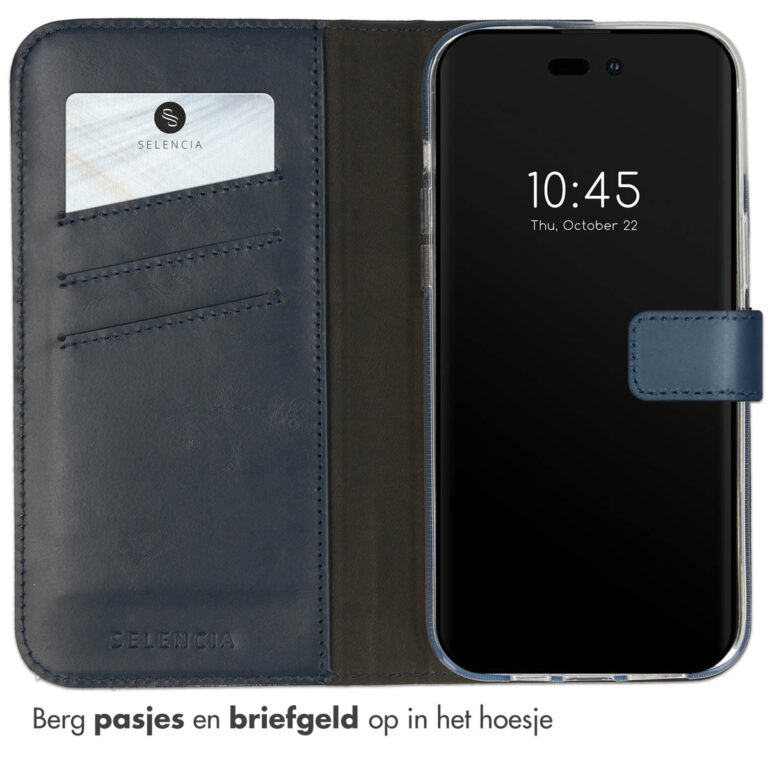 Selencia Echt Lederen Bookcase Apple iPhone 14 Pro - Blauw - Afbeelding 3