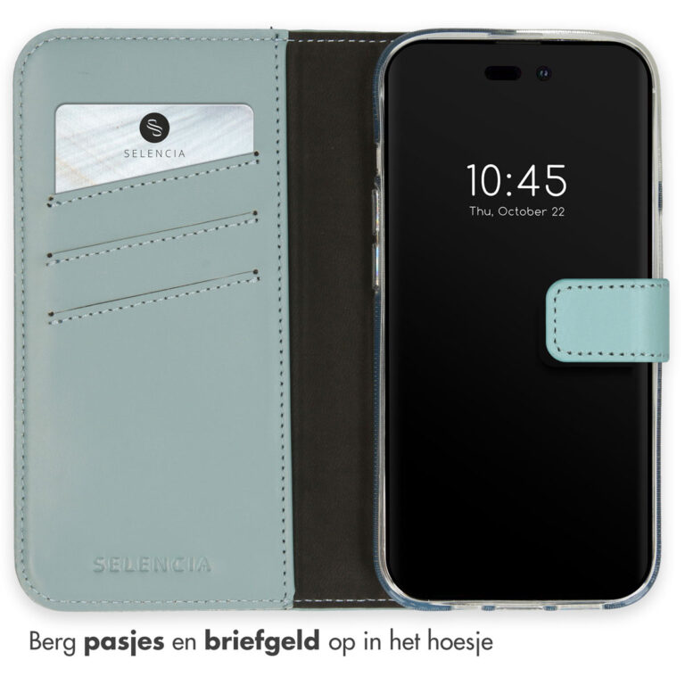 Selencia Echt Lederen Bookcase Apple iPhone 14 Pro - Air Blue - Afbeelding 3