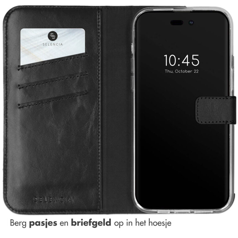 Selencia Echt Lederen Bookcase Apple iPhone 14 Pro - Zwart - Afbeelding 3