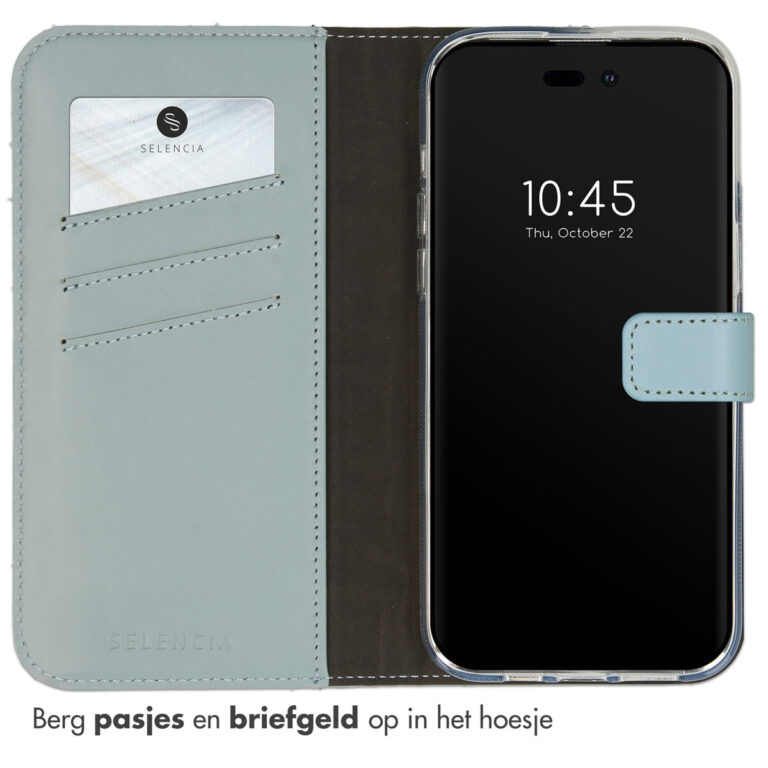 Selencia Echt Lederen Bookcase Apple iPhone 14 Pro Max - Air Blue - Afbeelding 3