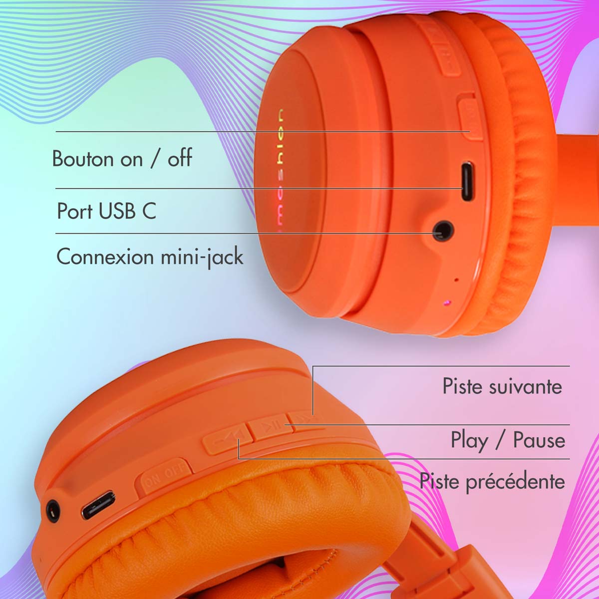 imoshion Draadloze Kinderkoptelefoon LED Light Cat Ear - Decibelbegrenzer - Met AUX kabel - Oranje - Afbeelding 9