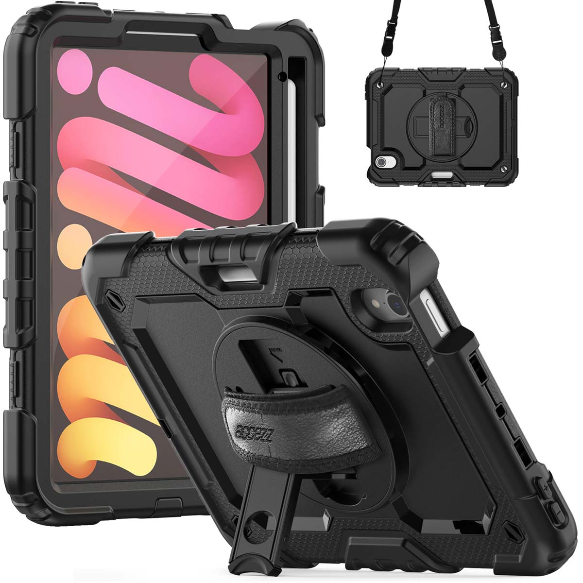 Accezz Rugged Backcover met schouderstrap Apple iPad Mini 7 (2024) / iPad Mini 6 (2021) - Zwart