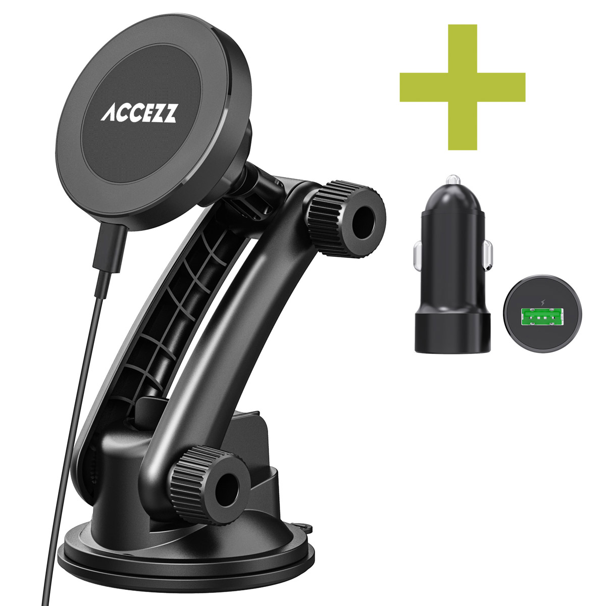 Accezz Telefoonhouder auto met MagSafe – Draadloze oplader – Dashboard en voorruit – Zwart