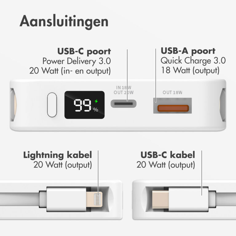 Accezz Powerbank 10.000 mAh met geïntegreerde kabels - Wit - Afbeelding 10