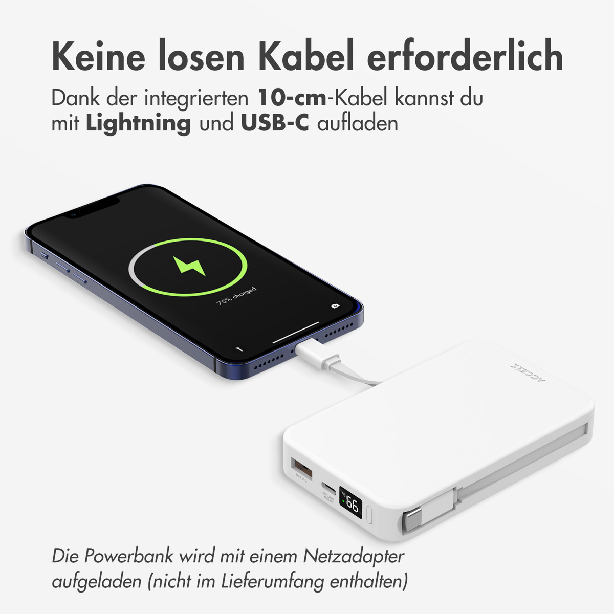 Accezz Powerbank 10.000 mAh met geïntegreerde kabels - Wit - Afbeelding 9