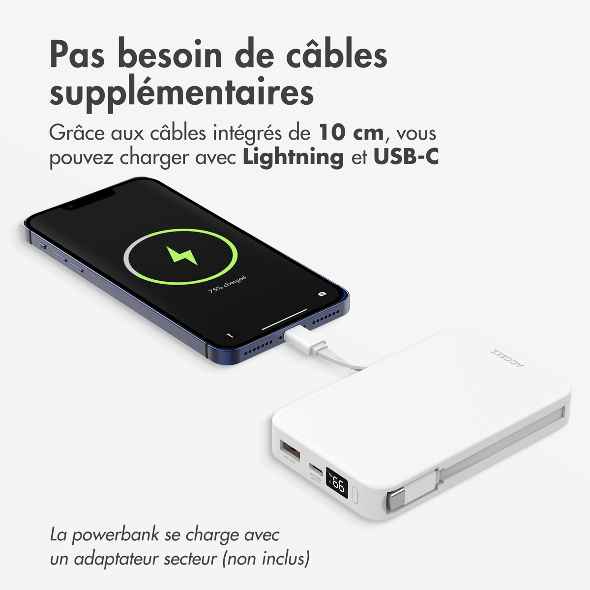 Accezz Powerbank 10.000 mAh met geïntegreerde kabels - Wit - Afbeelding 7