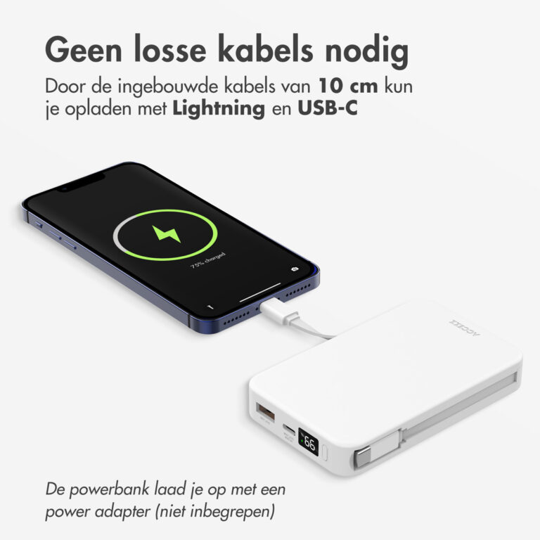 Accezz Powerbank 10.000 mAh met geïntegreerde kabels - Wit - Afbeelding 6