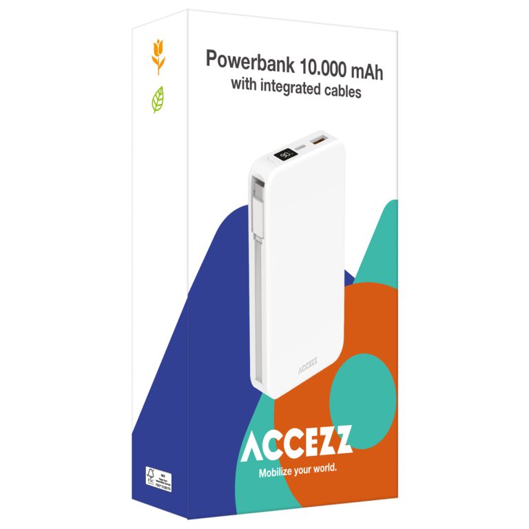 Accezz Powerbank 10.000 mAh met geïntegreerde kabels - Wit - Afbeelding 2
