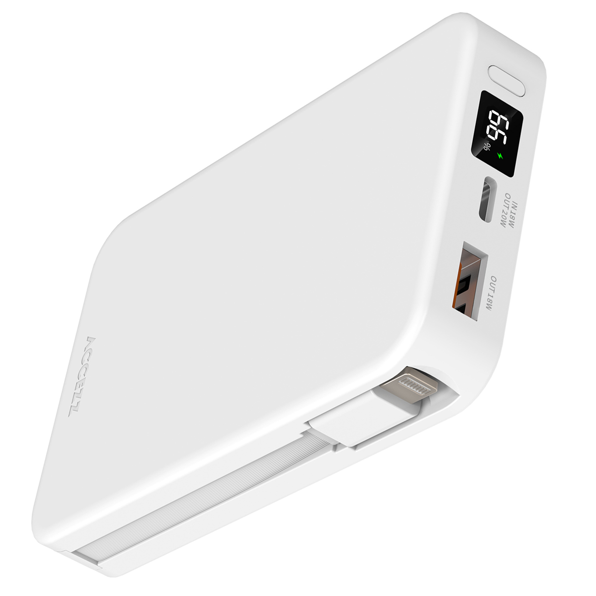 Accezz Powerbank 10.000 mAh met geïntegreerde kabels – Wit