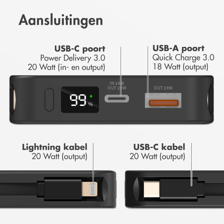 Accezz Powerbank 10.000 mAh met geïntegreerde kabels - Zwart - Afbeelding 5