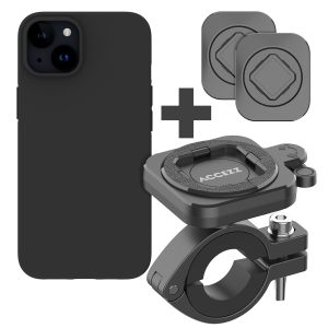 Accezz EasyLock telefoonhouder fiets - inclusief hoesje Apple iPhone 15 - Aluminium - 360 graden draaibaar - Zwart
